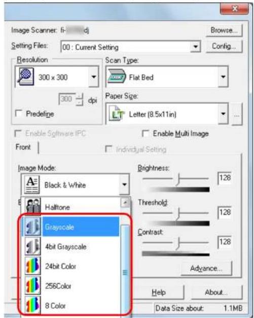 Image Scanner: fi: - - - dj Setting Files: 00 : Current Setting Browse... Config... Resolution 300 x 300 300 dpi Predefine Scan Type: Flat Bed Paper Size: Letter (8.5x11in) Enable Software IPC Enable Multi Image Front Individual Setting Image Mode: Black & White Haltone Grayscale 4bit Grayscale 24bit Color 256Color 8 Color Brightness: 128 Threshold: 128 Contrast: 128 Advance... Help About... Data Size about: 1.1MB