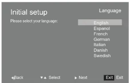 Initial setup: Please select your language. Language: English, Español, French, German, Italian, Danish, Swedish. ◄Back ▼►Select ►Next Exit Exit