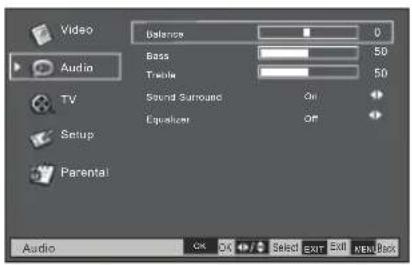 Video Balance 0 Audio Bass 50 Table 50 Sound Surround On Equations On Setup Parental Audio OK OK Select Exit Next Pack