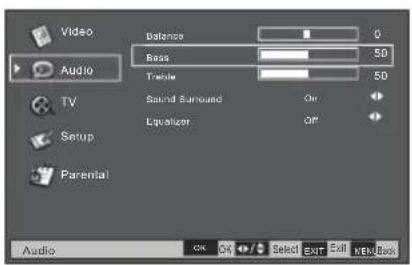 Video Audio Balance 0 Bass 50 Table 50 Sound Surround On Equalizer Off Setup Parental Audio OK OK Select Exit Exit NEW Back