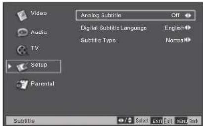Video, Audio, TV, Setup, Parental. Analog Subtitle: Off. Digital Subtitle Language: English. Subtitle Type: Normal. Subtitle. Select, Exit, Edit, View, Help.
