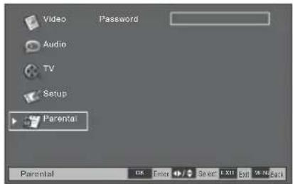 Video Password, Audio, TV, Setup, Parental. Parental: OK, Enter, Select, Exit, Edit, OK/Help.