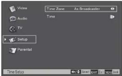 Video, Audio, TV, Setup, Parental, Time Zone As Broadcaster, Time, Time Setup Select Exit Exit Cancel Back