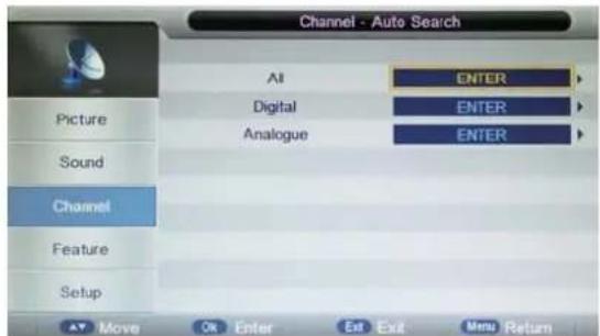 Channel - Auto Search All ENTER Digital ENTER Analogue ENTER Picture Sound Channel Feature Setup Move OK Enter Exit Exit Menu Return