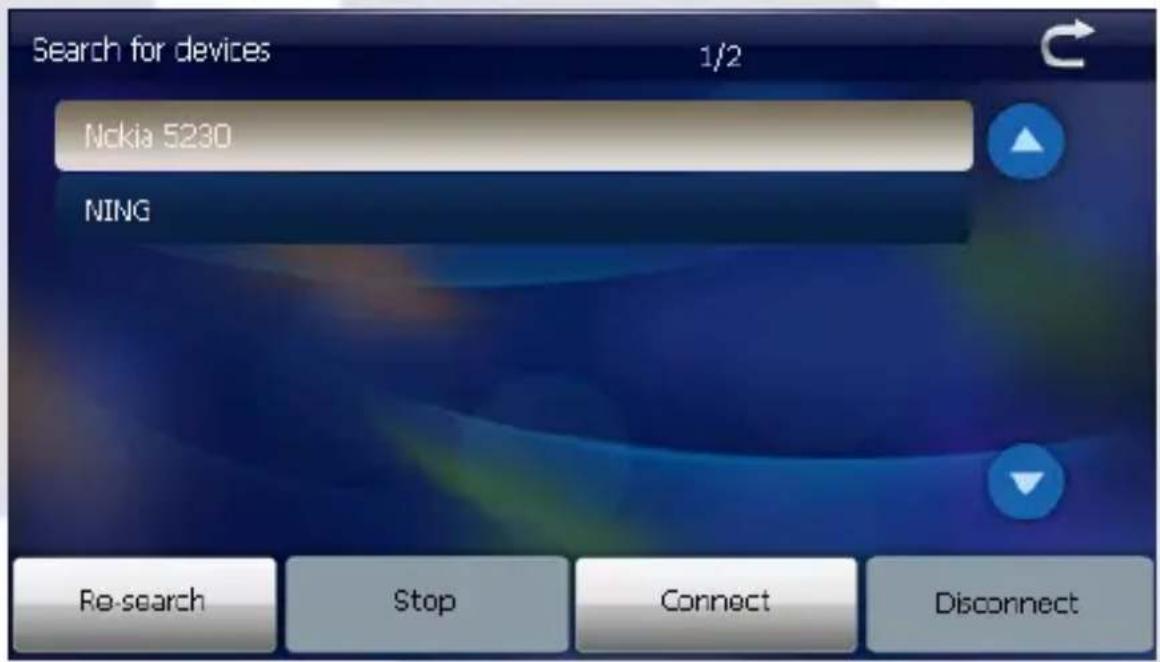 Search for devices 1/2 Nokia 5230 NING Re-search Stop Connect Disconnect