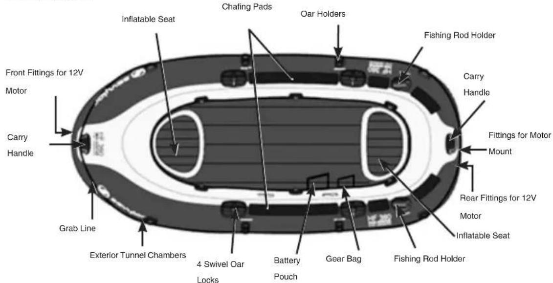 Inflatable Seat Chafing Pads Oar Holders Fishing Rod Holder Carry Handle Front Fittings for 12V Motor Carry Handle Fittings for Motor Mount Rear Fittings for 12V Motor Inflatable Seat Grab Line Exterior Tunnel Chambers 4 Swivel Oar Locks Battery Pouch Gear Bag Fishing Rod Holder