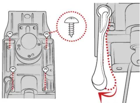 Technical diagram showing mechanical assembly with screw and pin connections, including a magnified detail view of the component.