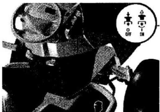 Black-and-white photo of a diver in diving gear with visible warning symbols and labels like 'OFF' and 'ON'