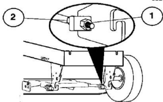Technical diagram of a mechanical assembly with labeled parts 1 and 2, showing components like a valve, shaft, and wheel.