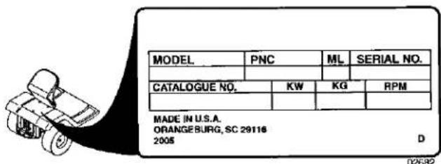 MODEL.PNC.ML.SERIAL NO. CATALOGUE NO.KW.KG.RPM MADE IN U.S.A. ORANGEBURG, SC 29116 2005.D