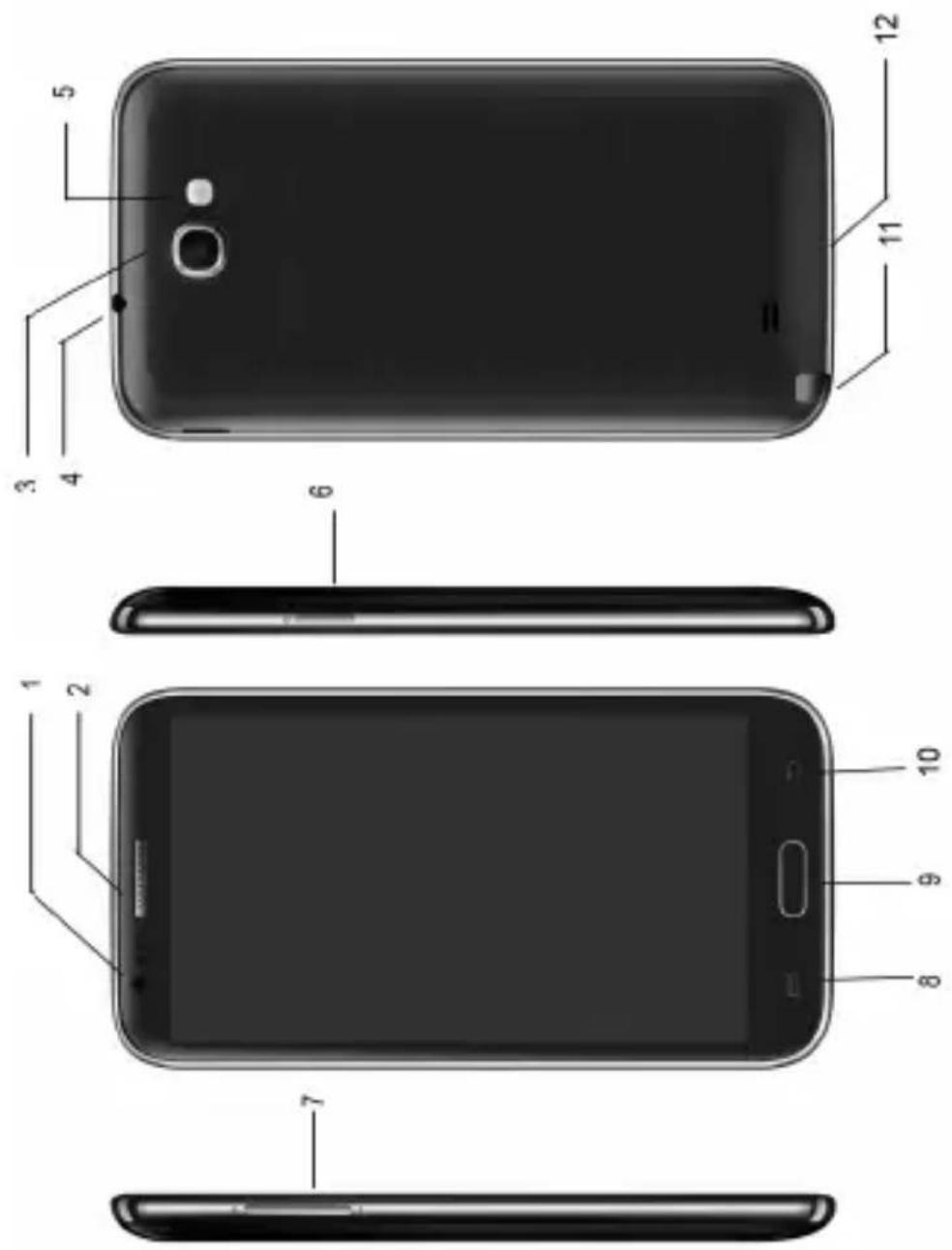Exploded view diagram of a smartphone showing front, back, and side views with numbered labels
