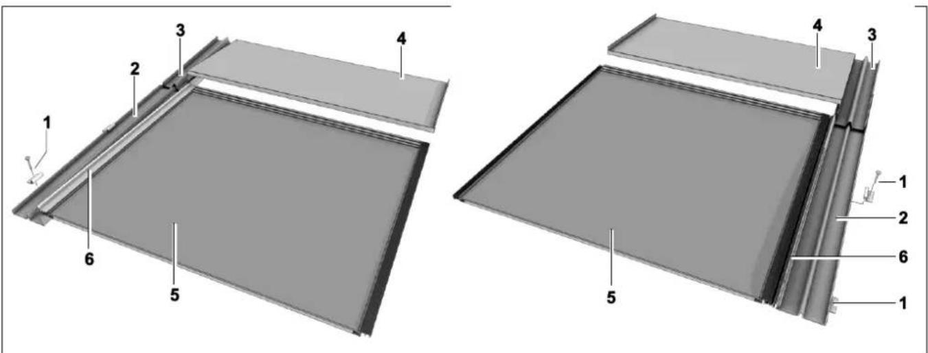 Technical diagram showing two views of a solar panel installation with numbered components for identification.
