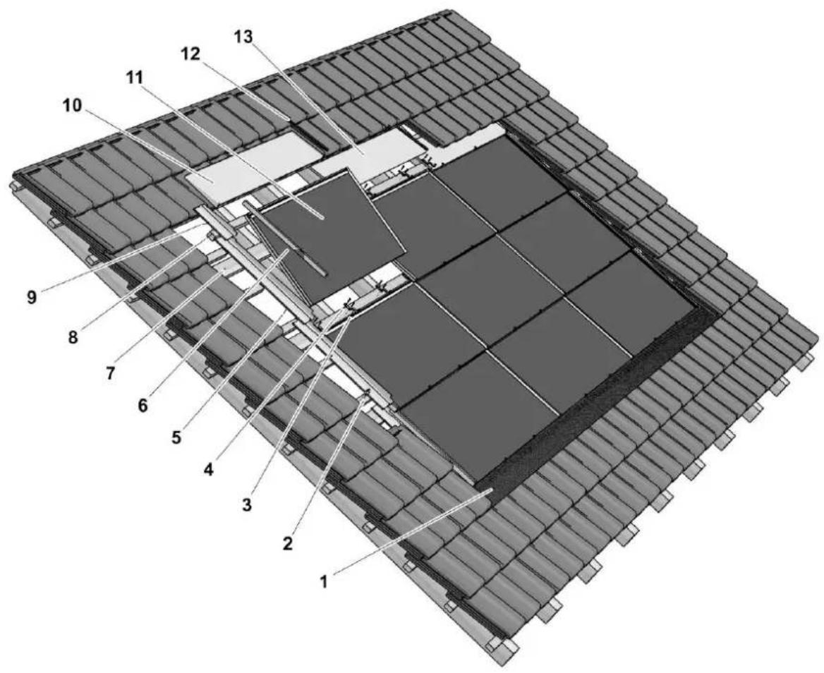 Technical diagram of a solar panel array with numbered components for structural identification.