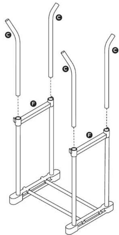 Technical diagram showing three identical mechanical components labeled C and F, with dashed lines indicating alignment or assembly.