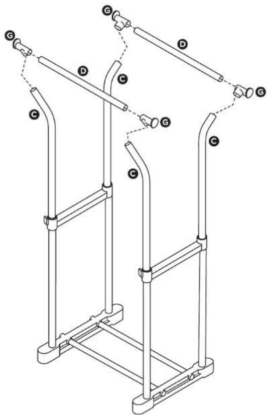 Technical diagram of a mechanical device with labeled components (G, C, D) and structural supports