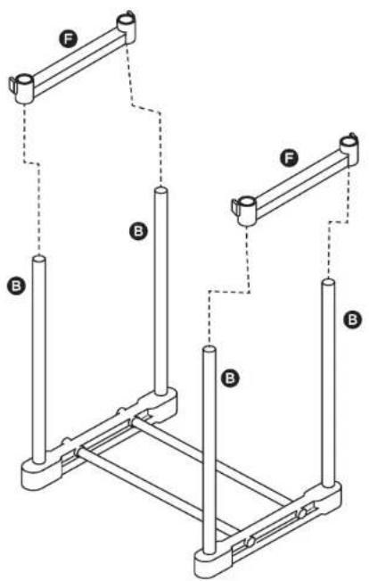 Technical diagram of a mechanical support structure with labeled components A, B, and F