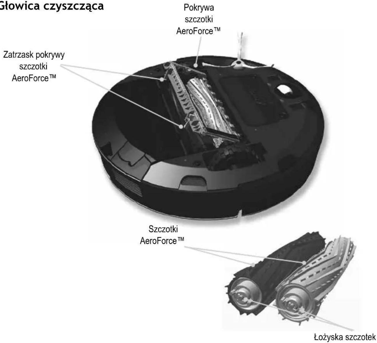Głowica czyszcząca Pokrywa szczotki AeroForce™ Zatrzask pokrywy szczotki AeroForce™ Szczotki AeroForce™ Łożyska szczotek