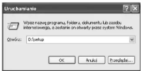 Uruchamianie Wpisz nazwę programu, folderu, dokumentu lub zasobu internetowego, a zostanie on otwarty przez system Windows. Otwórz: D:\setup OK Anuluj Przeglądaj...