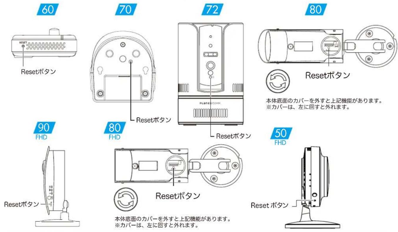 60 Resetボタン 70 Resetボタン 72 Resetボタン 80 Resetボタン 本体底面のカバーを外すと上記機能があります。 ※カバーは、左に回すと外れます。 90 FHD 80 FHD 50 FHD Resetボタン Resetボタン 本体底面のカバーを外すと上記機能があります。 ※カバーは、左に回すと外れます。