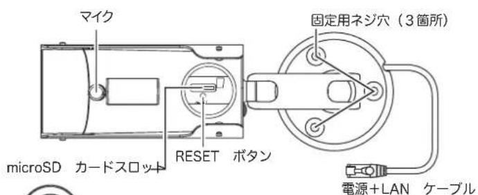マイク microSD カードスロット RESET ボタン 固定用ネジ穴(3箇所) 電源+LAN ケーブル
