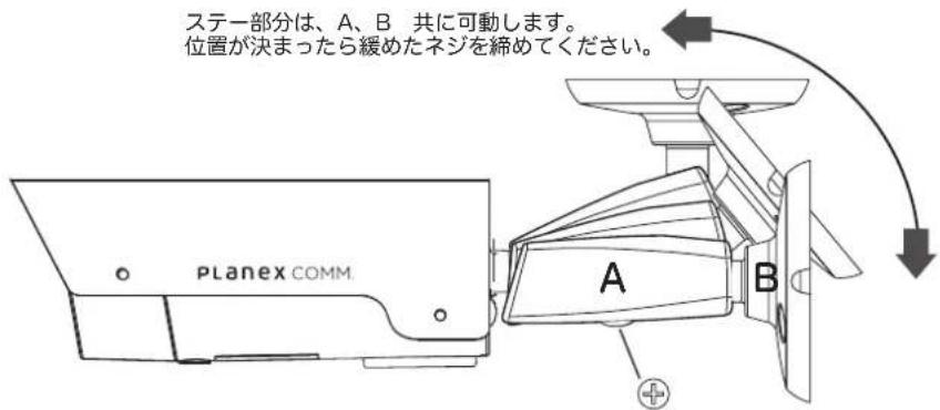 ステー部分は、A、B 共に可動します。 位置が決まったら緩めたネジを締めてください。
