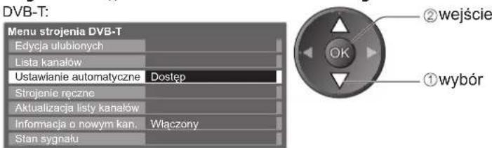 DVB-T: Menu strojenia DVB-T Edycja ulubionych Lista kanałów Ustawianie automatyczne Dostęp Strojenie ręczne Aktualizacja listy kanałów Informacja o nowym kan. Włączony Stan sygnału ② wejście OK ① wybór