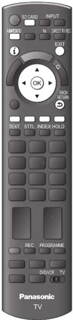 SD CARD INPUT ASREND N DIRECT TV REC EXIT OK BACK RETURN TEXT STTL INDEX HOLD REC PROGRAMME DVD/VR TV Panasonic TV