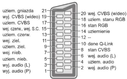 uziem. gniazda 21 wyj. CVBS (wideo) 19 uziem. CVBS 17 wej. czerw., wej. S.C. 15 uziem. czerw. 13 wej. ziel. 11 uziem. ziel. 9 wej. nieb. 7 uziem. nieb. 5 wyj. audio (L) 3 wyj. audio (P) 1 20 wej. CVBS (wideo) 18 uziem. stanu RGB 16 stan RGB 14 uziemienie 12 -- 10 dane Q-Link 8 stan CVBS 6 wej. audio (L) 4 uziem. audio 2 wej. audio (P)