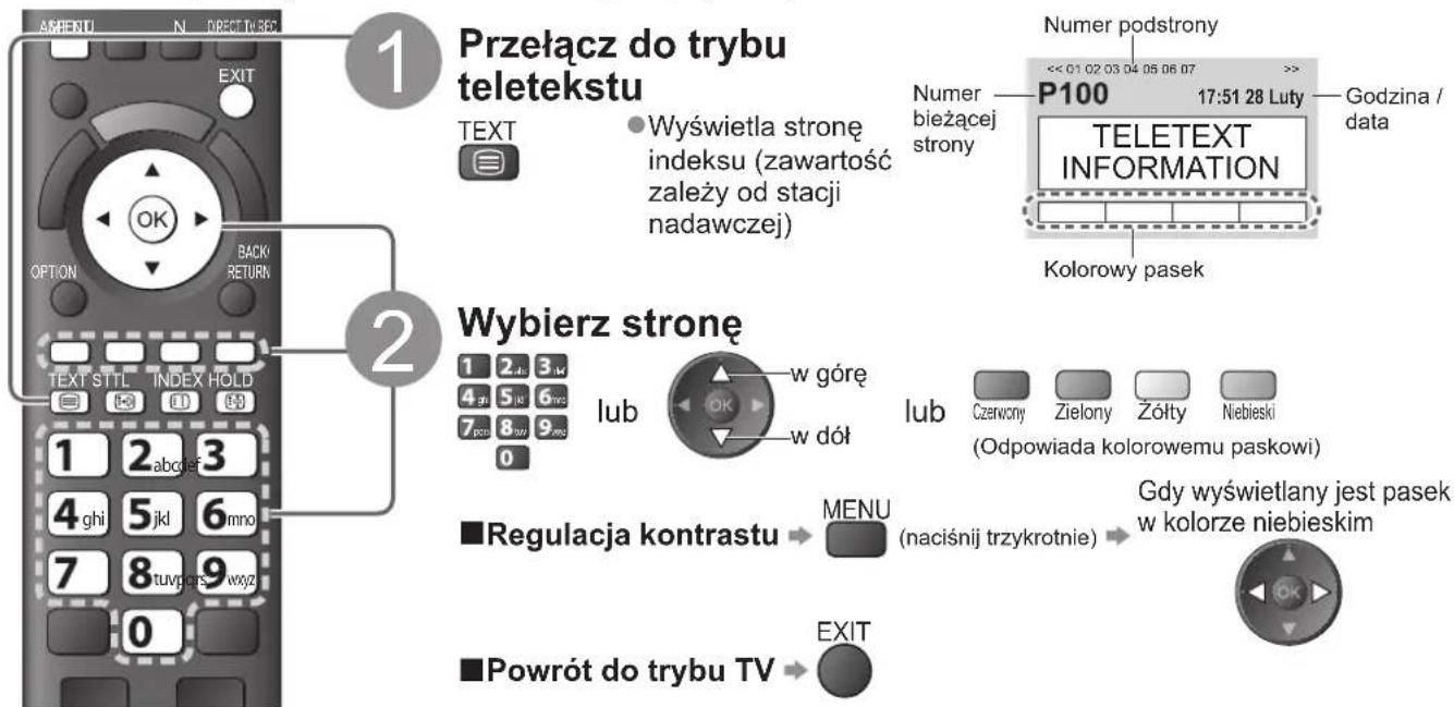 1 Przełącz do trybu teletekstu TEXT OPTION BACKI RETURN 2 Wyświetla stronę indeksu (zawartość zależy od stacji nadawczej) 3 Pub 4 gwi 5 ki 6 mno 7 tuvpors 8 wyz 1 2 abcdef 3 4 ghi 5 jkl 6 mno 0 2 Pub 3 Pub 4 gwi 5 ki 6 mno 7 pcst 8 wwi 9 mo 0 Wybierz stronę lub w góre w dół lub Czerwny Zielony Żółty Niebieski (Odpowiada kolorowemu paskowi) ■ Regulacja kontrastu → MENU (naciśnij trzykrotnie) → Gdy wyświetlany jest pasek w kolorze niebieskim ■ Powrót do trybu TV → EXIT