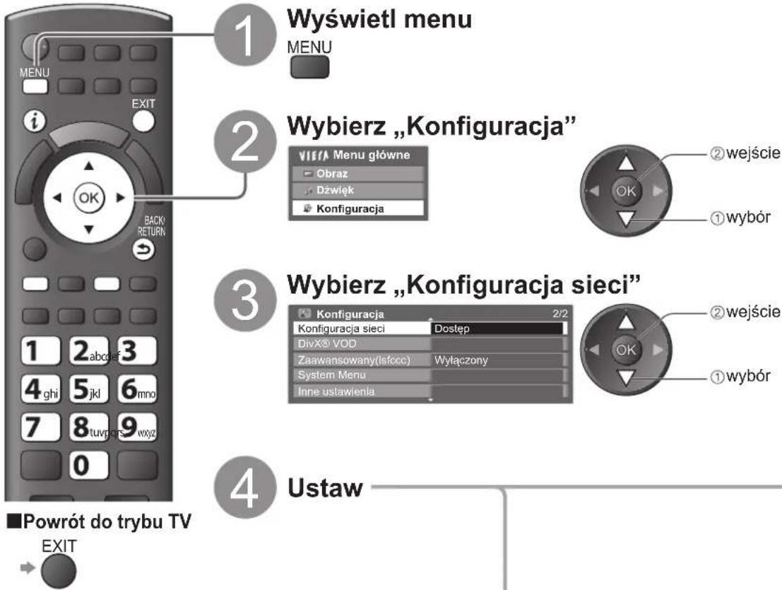 1 Wyświetl menu MENU 2 Wybierz „Konfiguracja” VIEA Menu główne Obraz Dźwięk Konfiguracja 3 Wybierz „Konfiguracja sieci” Konfiguracja 2/2 Konfiguracja sieci Dostęp DivX® VOD Zaawansowany(Isfcc) Wyłączony System Menu Inne ustawlenia 4 Ustaw ■Powrót do trybu TV EXIT