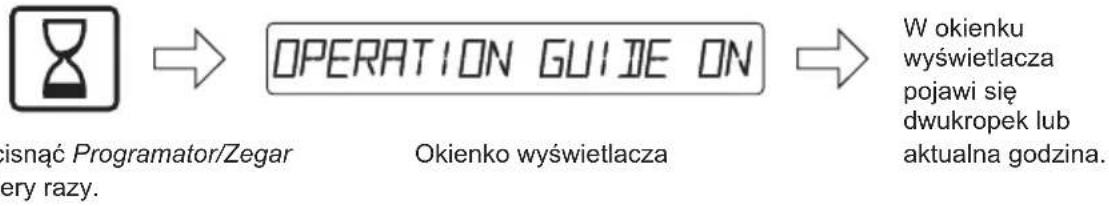 graph LR A["Operation Guide ON"] --> B["W okienku wyświetlacza pojawi się dwukropek lub aktualna godzina."] C["Isnąć Programator/Zegar, ery razy."] --> A D["Okienko wyświetlacza"] --> A