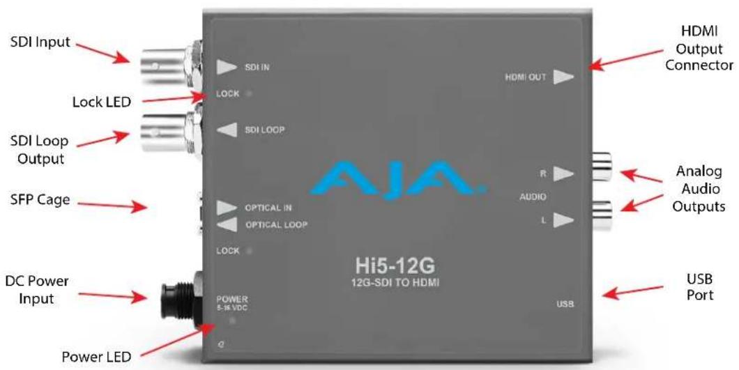 SDI Input Lock LED SDI Loop Output SFP Cage DC Power Input Power LED AJA Hi5-12G 12G-SDI TO HDMI HDMI OUT SDI IN LOCK SDI LOOP OPTICAL IN OPTICAL LOOP LOCK POWER 5-16 VDC R AUDIO L USB USB Port Analog Audio Outputs HDMI Output Connector