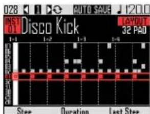 028 1 D Auto SAVE 120.0 INST 01 Disco Kick LAYOUT 32 PAD 1-1 1-2 1-3 1-4 Stop Duration Last Step