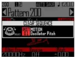 200 1/2 AUTO SAVE 12010 Pattern 200 CLEAR SEQUENCE DIST MOTION 01 Oscillator Pitch 20000Hz OFF +000