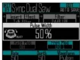 Sync Dual Saw AUTO SAVE Insert Effect Filter 24.48 106 Talk Filter Pulse Width 50% Control Mode 103 Power Mode 34.48 Ride Depth Waveform 50 50