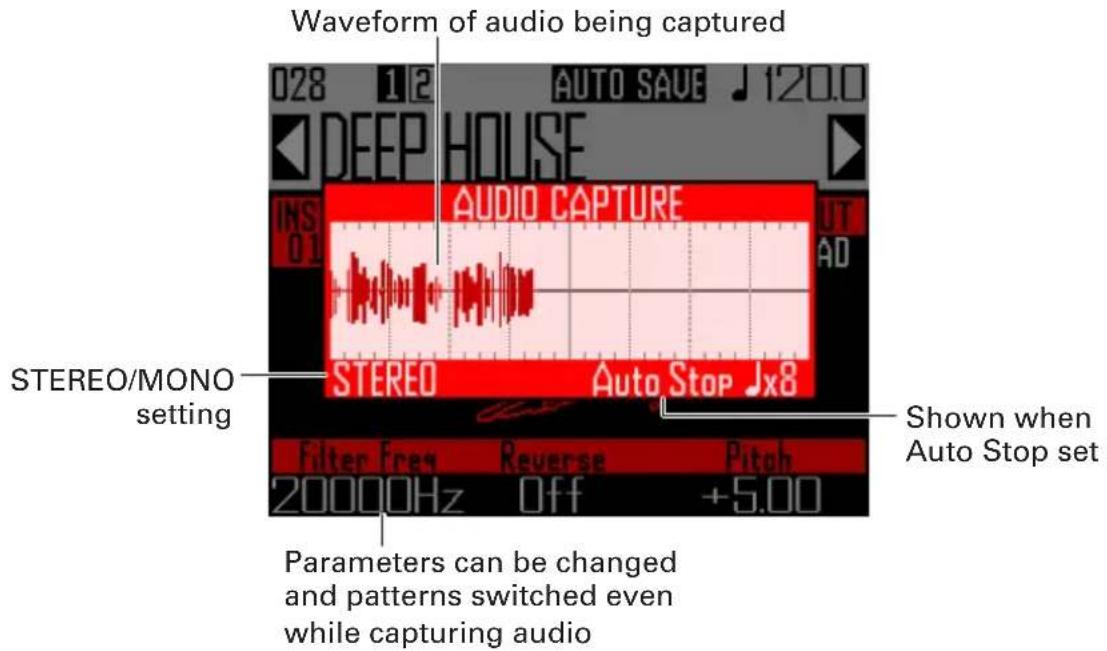Waveform of audio being captured 028 1/2 AUTO SAVE 120.0 DEEP HOUSE AUDIO CAPTURE STEREO/MONO setting STEREO Auto Stop Jx8 Filter Freq Reverse Pitch 20000Hz Off +5.00 Parameters can be changed and patterns switched even while capturing audio Shown when Auto Stop set