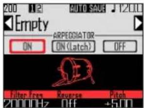200 1/2 AUTO SAVE 12.00 Empty ARPEGGIATOR ON ON (Latch) OFF Flop Impact Reverse Pitch 7000Hz Off +500