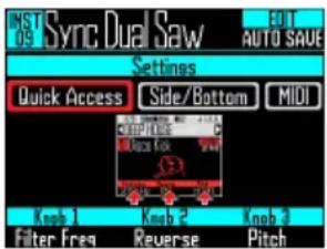 MIST 09 Sync Dual Saw AUTO SAVE Settings Quick Access Side/Bottom MIDI Knob 1 Knob 2 Knob 3 Filter Freq Reverse Pitch