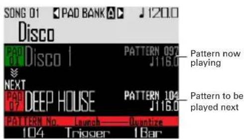 SONG 01 PAD BANK J 120.0 Disco PAD o Disco I PATTERN 097 J116.0 NEXT PAD 07 DEEP HOUSE PATTERN 104 J116.0 PATTERN No. Launch — Quantize 104 Trigger 1 Bar Pattern now playing Pattern to be played next