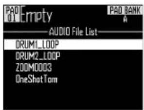 PAD 01 Empty AUDIO File List DRUM1_LOOP DRUM2_LOOP ZOOM0003 OneShot Tom