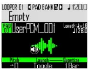 LOOPER 01 PAD BANK J 120.0 Empty PAD 01 UserPCM_001 Length Jx16 J128.0 Pitch Launch Quantize +0 Toggle 1 Bar