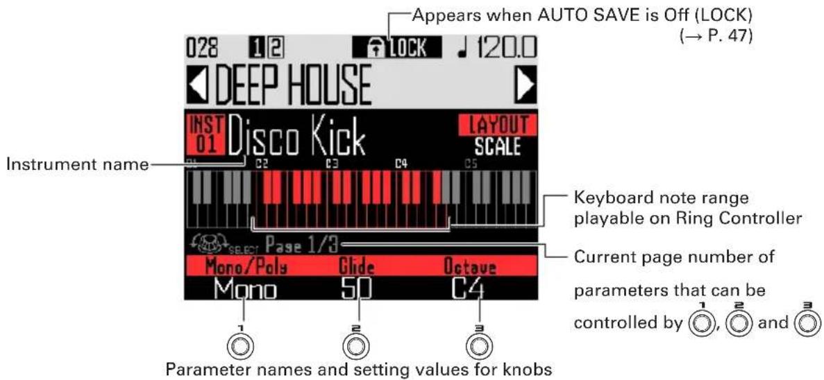 Appears when AUTO SAVE is Off (LOCK) (→ P. 47) 028 12 LOCK 120.0 DEEP HOUSE INST 01 Disco Kick LAYOUT SCALE Instrument name Keyboard note range playable on Ring Controller Current page number of parameters that can be controlled by ○, ○ and ○ Page 1/3 Mono/Poly Glide Octave Mono 50 C4 Parameter names and setting values for knobs