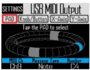 SETTINGS USB MIDI Output PAD Knob/Button X-Axis Y-Axis Tap the PAD to select MIDI Ch Message Tube Number Ch9 Note C4
