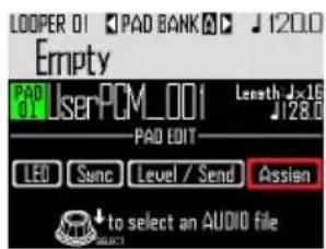 LOOPER 01 PAD BANK J 120.0 Empty PAD d1 UserPCM_001 Length Jx16 J128.0 PAD EDIT LED Sync Level / Send Assign to select an AUDIO file