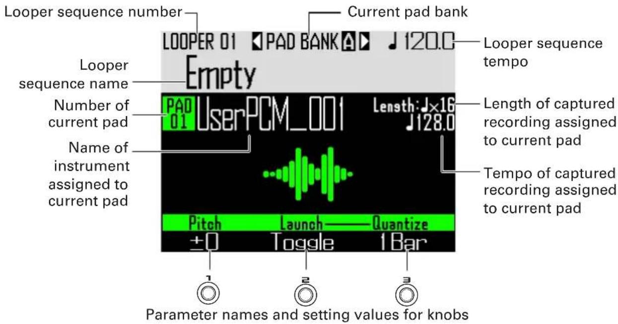 Looper sequence number Current pad bank LOOPER 01 PAD BANK 120.0 Empty Looper sequence name Number of current pad Name of instrument assigned to current pad PAD UserPCM_001 Length: Jx16 J128.0 Pitch Launch Quantize ±0 Toggle 1 Bar Parameter names and setting values for knobs
