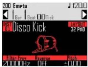200 Empty Bar Beat 00 Tick INST 01 Disco Kick LAYOUT 32 PAD Filter Focus Frequency Pitch 20000Hz Off +0.00