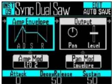 INST 09 Sync Dual Saw EDIT AUTO SAVE + Amp Envelope A D S R Output Pan Level Amp Mod IF0 2 Pan Mod Envelope Attack DecosRelease Sustain 0 50 50