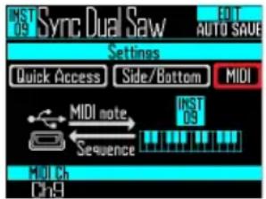 INST OS Sync Dual Saw AUTO SAVE Settings Quick Access Side/Bottom MIDI MIDI note Sequence INST OS MIDI Ch Ch81