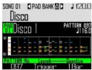 SONG 01 PAD BANK 120.0 Disco PAD 01 Disco I PATTERN 097 J116.0 PATTERN No Launch Quantize 097 Trigger 1Bar