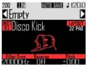 200 12 AUTO SAVE 120.0 Empty INST 01 Disco Kick LAYOUT 32 PAD Filter Iron Reverse Pitch 2000Hz Off +0.00